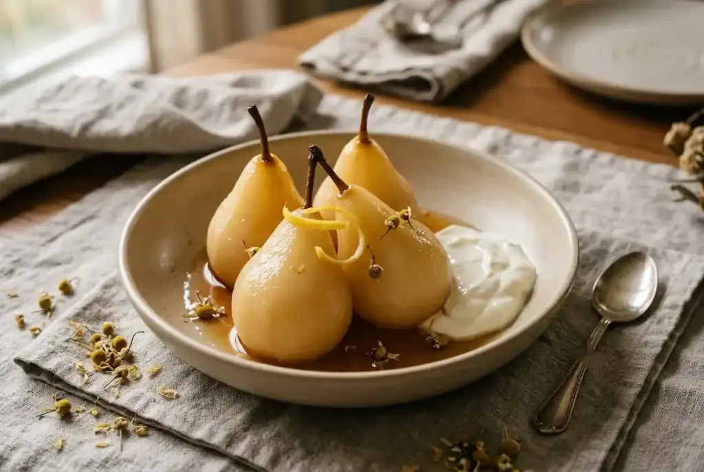 Four peeled pears with stems intact, poached to a glossy pale gold, sitting in reduced chamomile syrup with a spoon of thick yogurt beside them