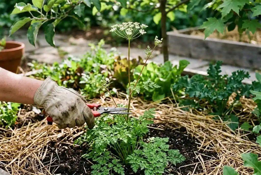 Chervil plant beginning to bolt with a single flower stalk rising above the lacy foliage