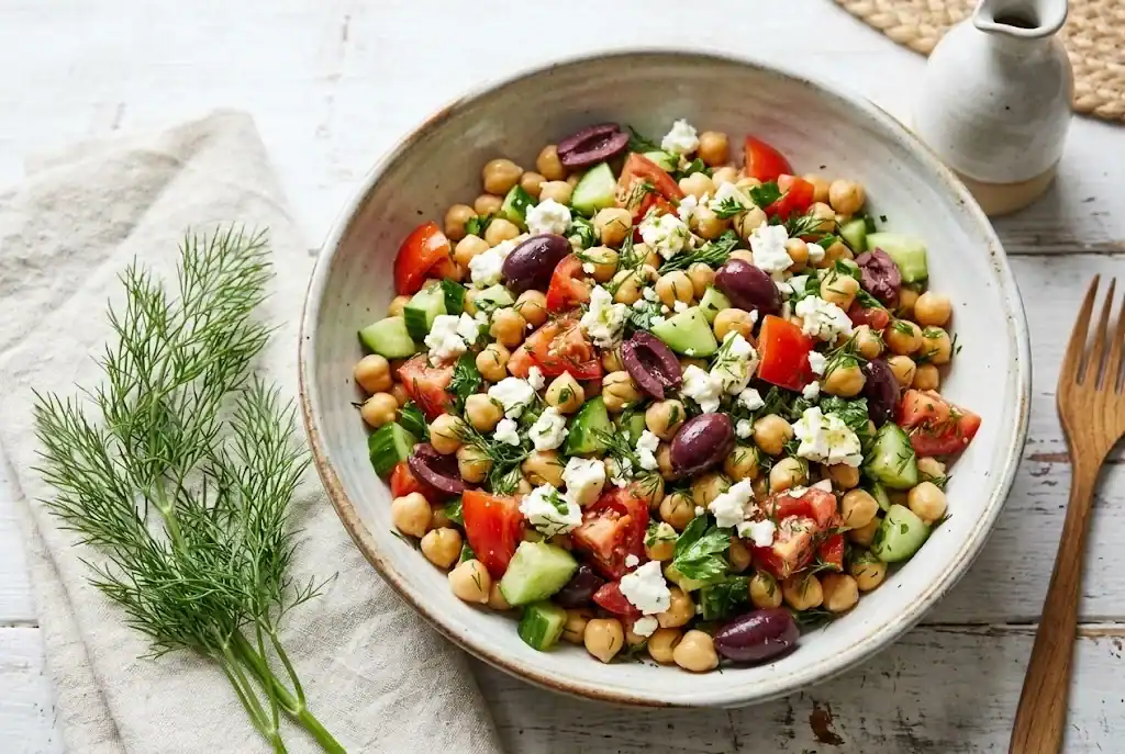 A wide ceramic bowl filled with Mediterranean chickpea salad, diced summer tomatoes, cucumbers, olives, crumbled feta cheese, and chopped fresh dill