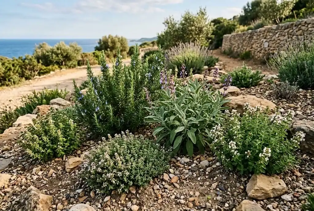 Sunny Mediterranean herb bed with drought-tolerant rosemary, thyme, and sage in rocky soil