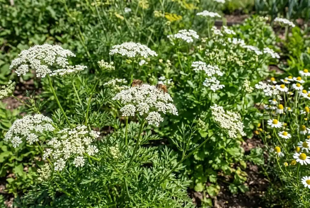 Honeybees and hoverflies visiting white anise flower umbels in a companion garden