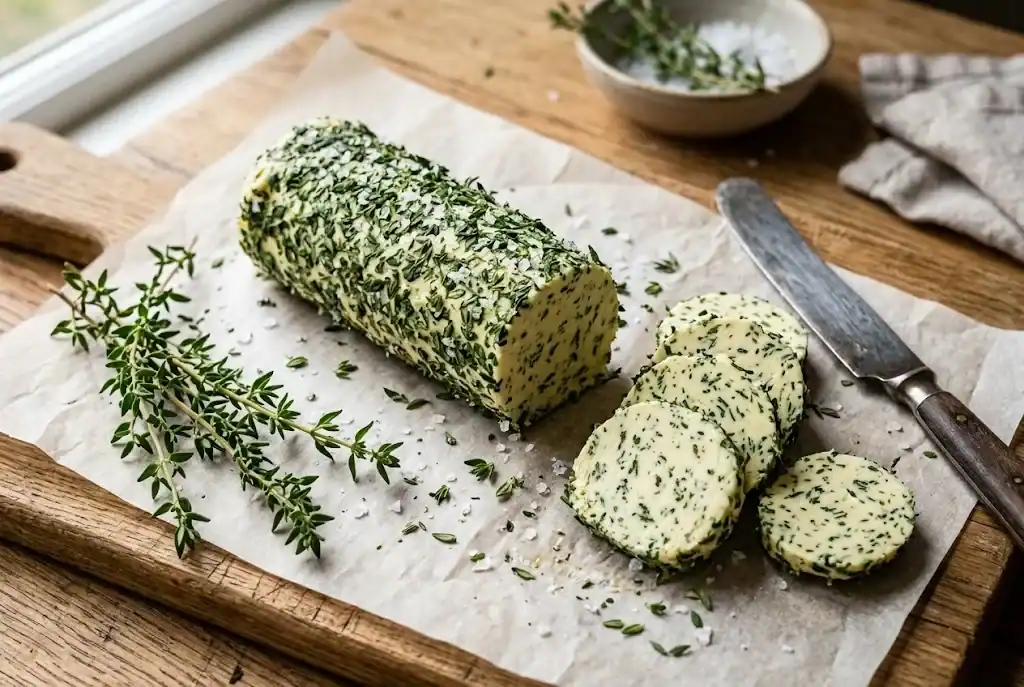 Homemade garlic herb compound butter log rolled in fresh thyme leaves with sliced coins