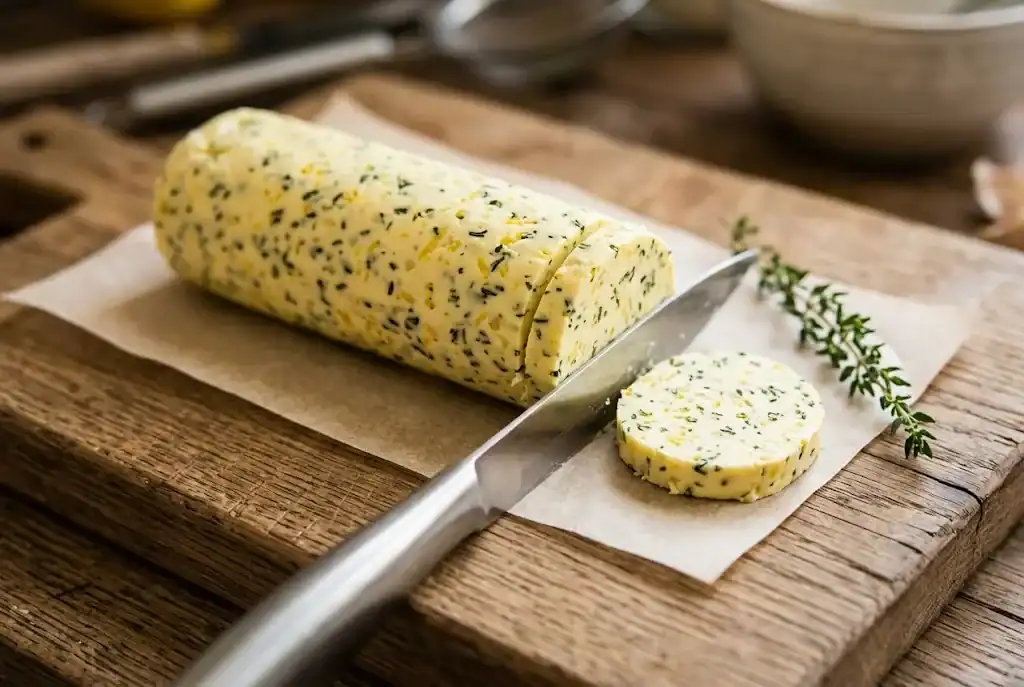 Garlic herb compound butter log flecked with fresh thyme leaves and lemon zest with a sliced butter medallion