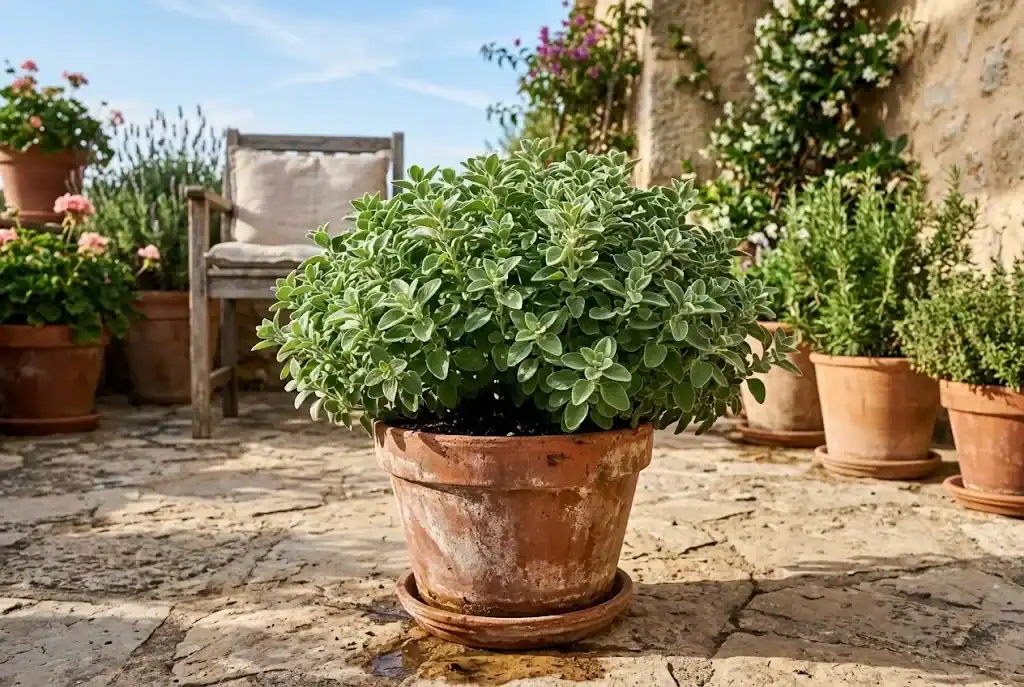 Potted sweet marjoram plant growing on a sunny patio