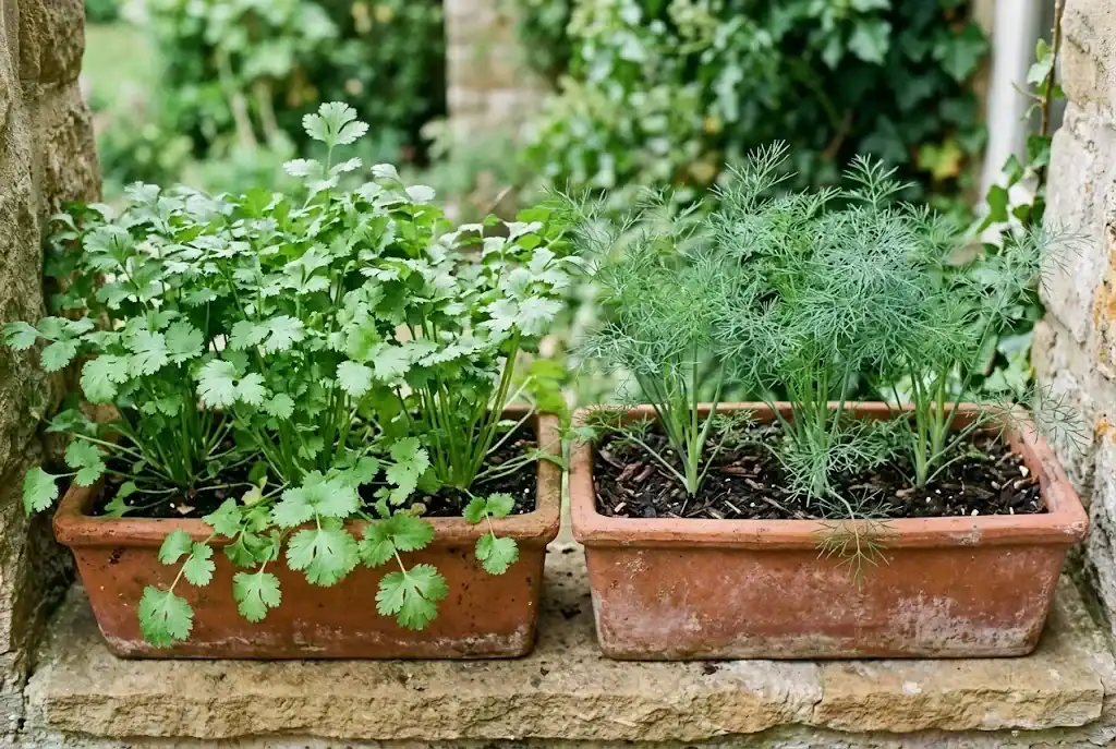 Young cilantro and feathery dill growing in indoor kitchen window planter boxes