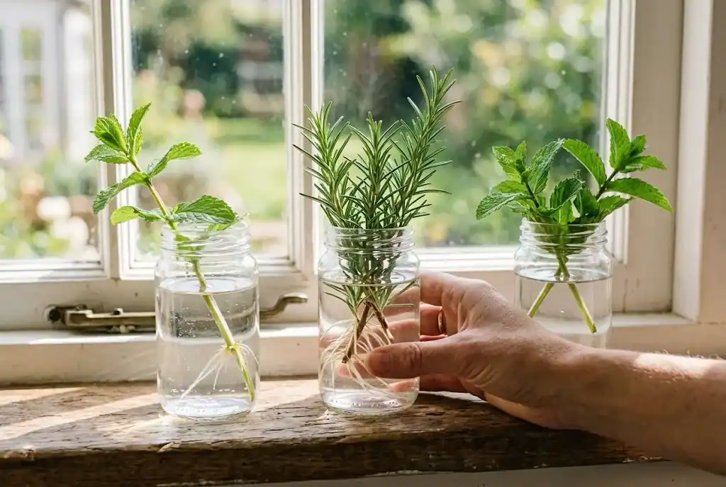 Three small glass jars on a sunny windowsill holding mint and rosemary cuttings rooting in water