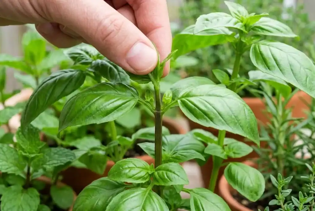 Close-up of gardener pinching the stem tip of a young basil plant above leaf node