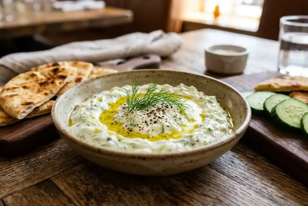 Bowl of Greek tzatziki dip garnished with fresh dill and olive oil, served with pita bread