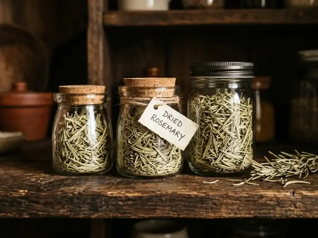 Three small glass jars of dried rosemary leaves stored on a pantry shelf