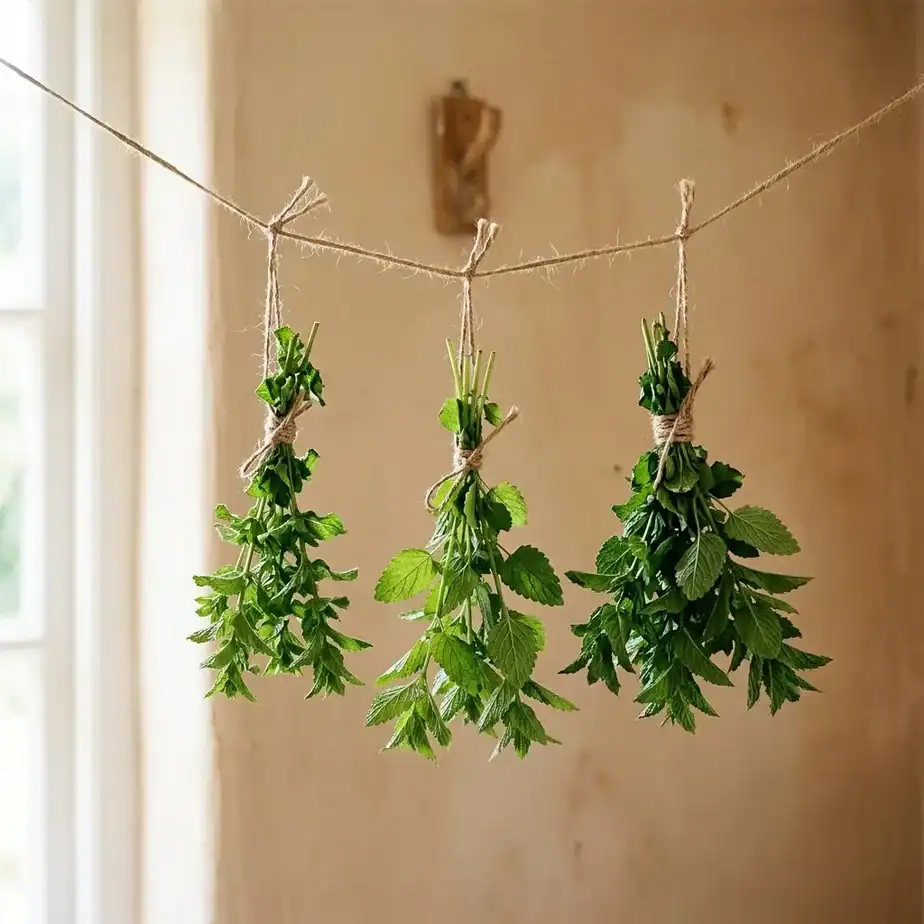 Small bundles of freshly cut mint and lemon balm hanging upside down from twine in a warm dry room, photographed in soft natural light