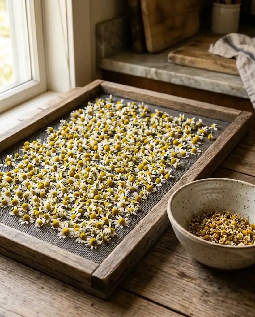 Chamomile flowers spread in a single layer on a mesh drying screen set on a kitchen counter, mid-dry