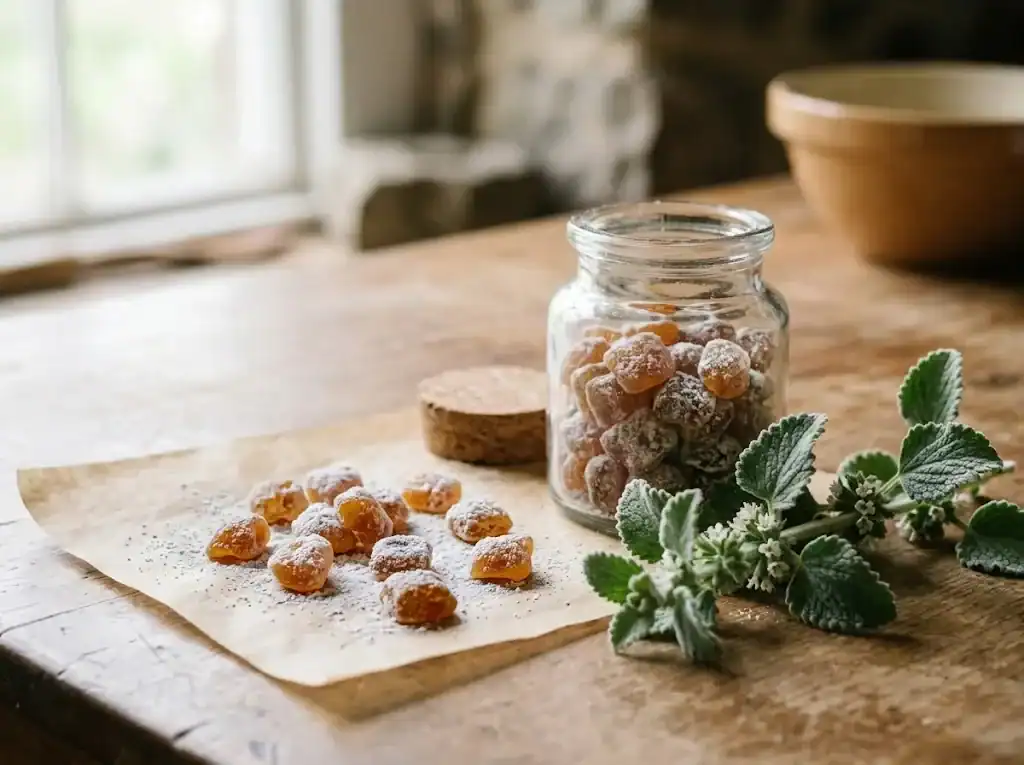 Finished sugar-dusted horehound candies beside a glass storage jar