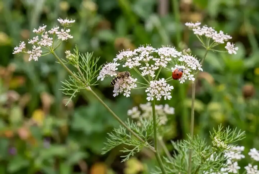 White coriander flower umbels attracting beneficial hoverflies and ladybugs
