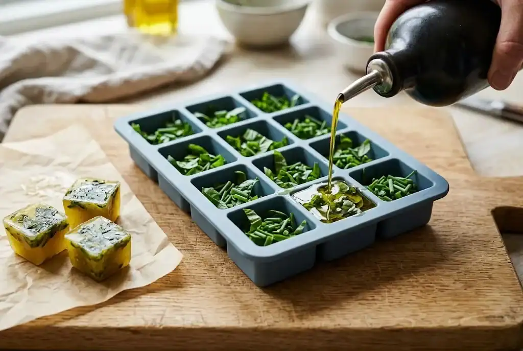 Olive oil being poured over chopped basil and chives in a silicone ice cube tray next to frozen herb cubes