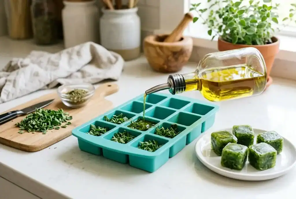 Chopped fresh oregano leaves in a silicone ice cube tray topped with golden extra virgin olive oil