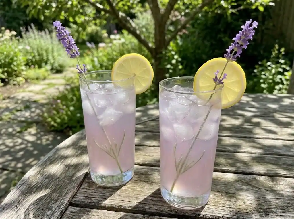 Two glasses of chilled fresh lavender lemonade garnished with citrus wheels and lavender sprigs on a sunny garden table