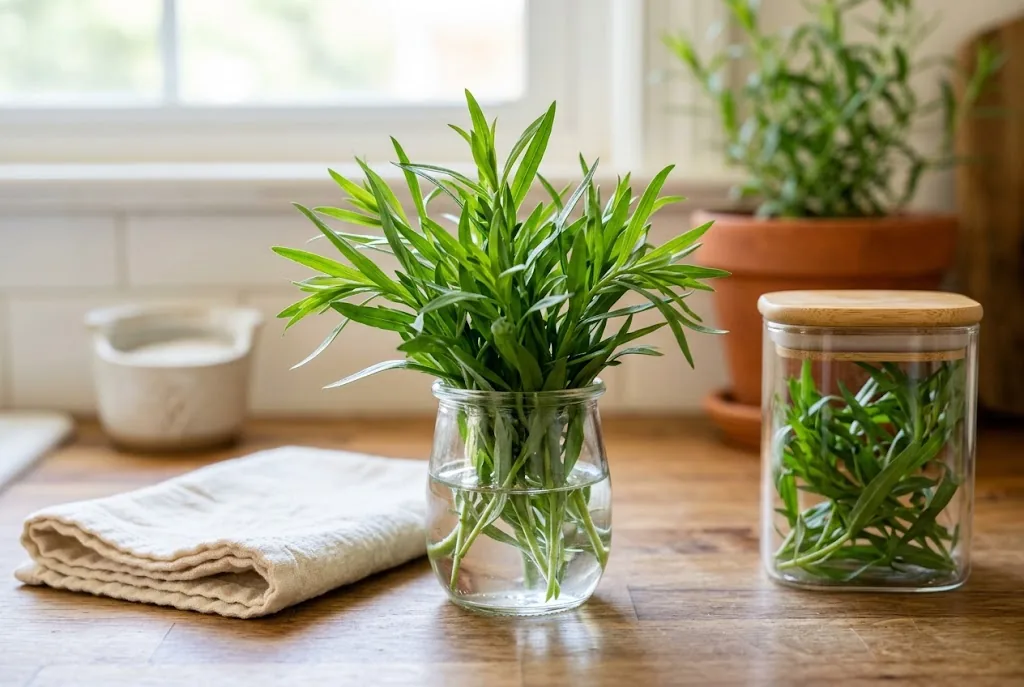 Freshly cut tarragon sprigs in a glass jar of water on a kitchen counter