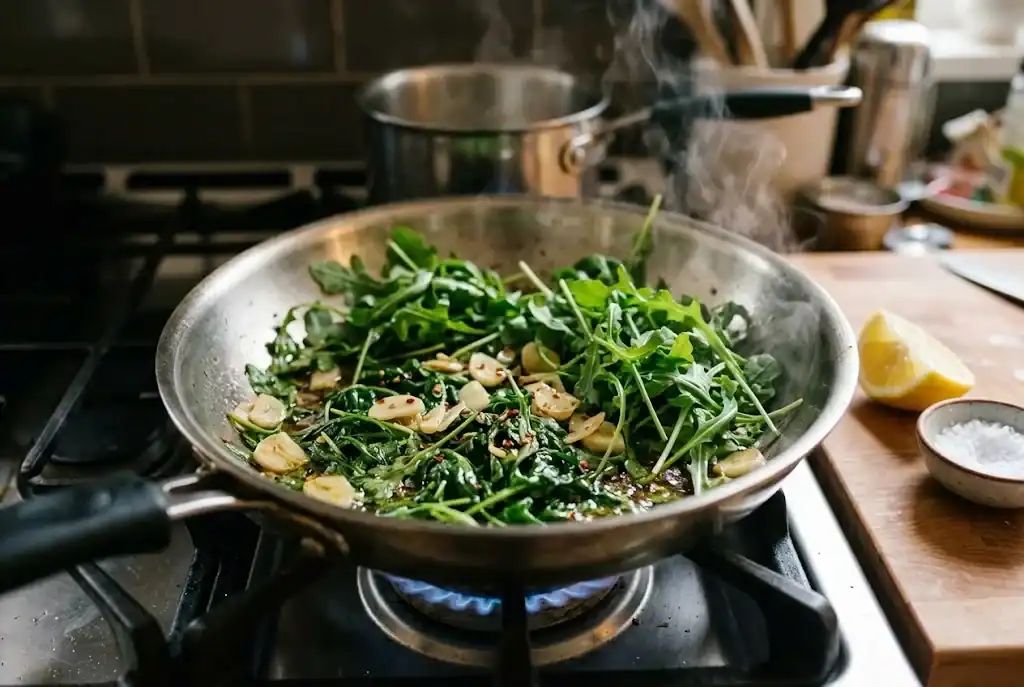 A skillet of arugula wilting in olive oil with sliced garlic and a pinch of red pepper flakes