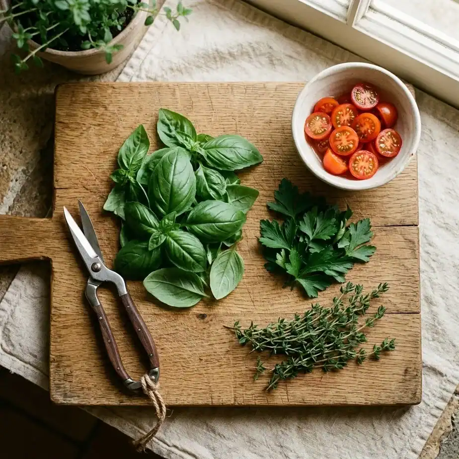An overhead photograph of a small harvest of freshly cut basil, parsley, and thyme leaves on a wooden cutting board with garden snips and a bowl of cherry tomatoes