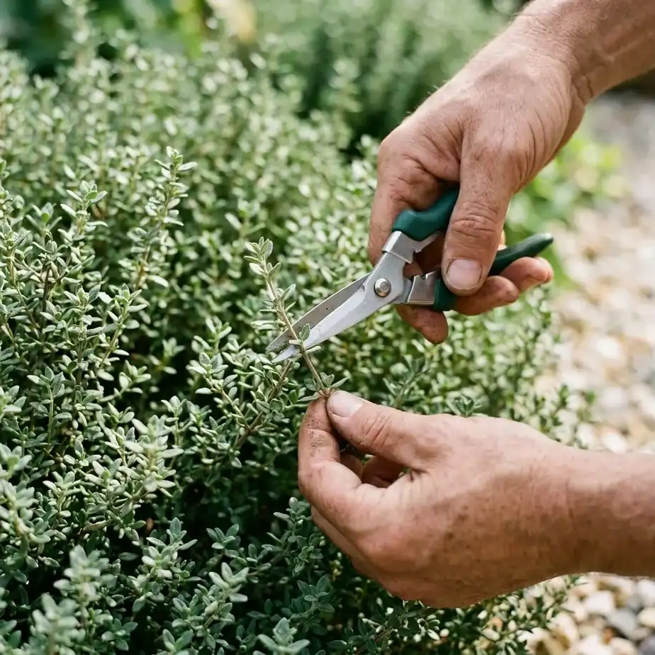 Close-up of a gardener using clean sharp shears to snip a sprig from a mature thyme plant just above a leaf node