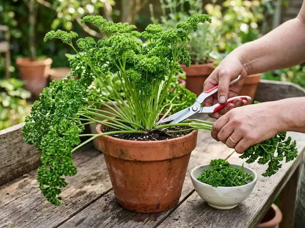 Gardener snipping outer parsley stems with clean snips