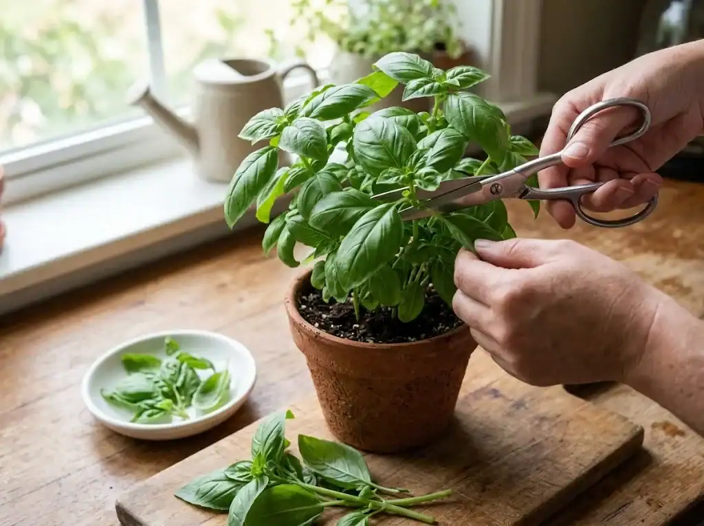 Kitchen scissors cutting the top of a basil plant on a cutting board beside cut stems and a small dish of leaves