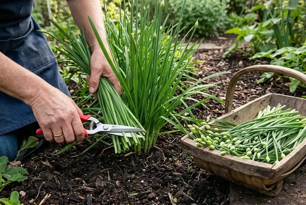 Garden snips harvesting a fresh bundle of flat garlic chive stems above the soil line