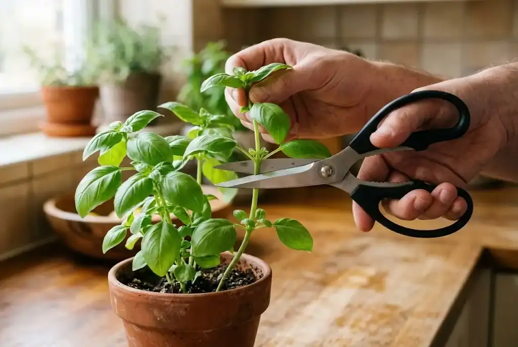 Hand snipping the top of a basil stem with kitchen shears just above a pair of leaves