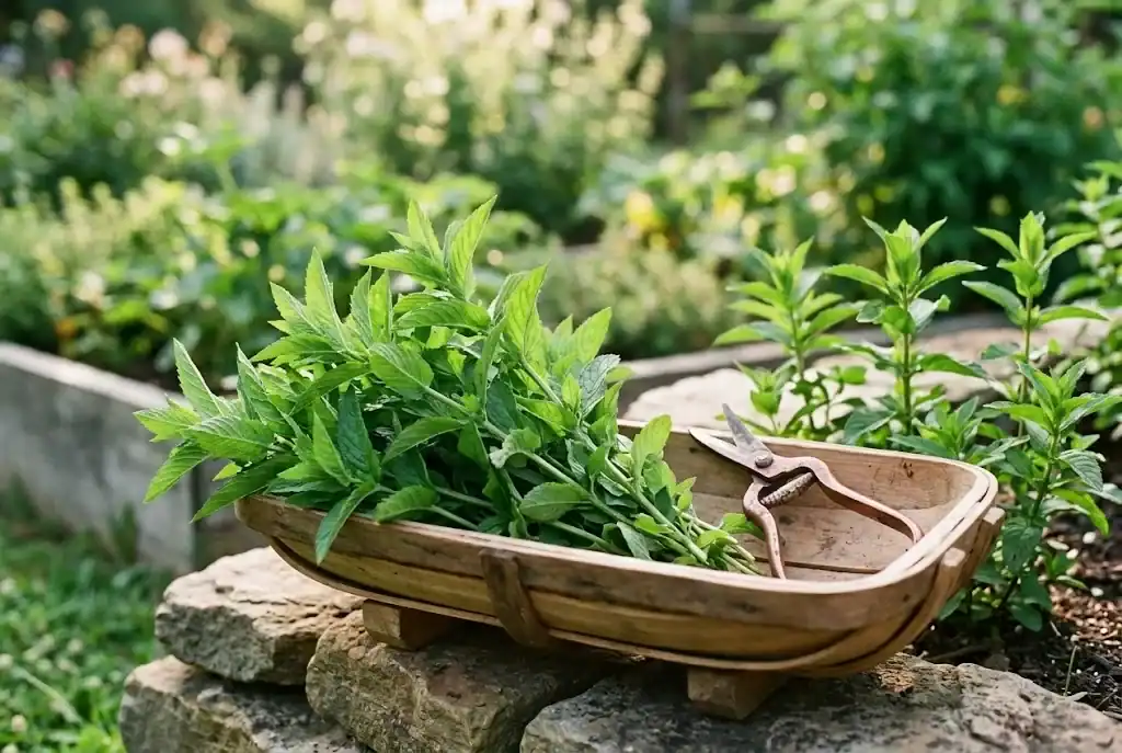 Freshly cut green spearmint sprigs in a wooden garden trug alongside vintage herb snips