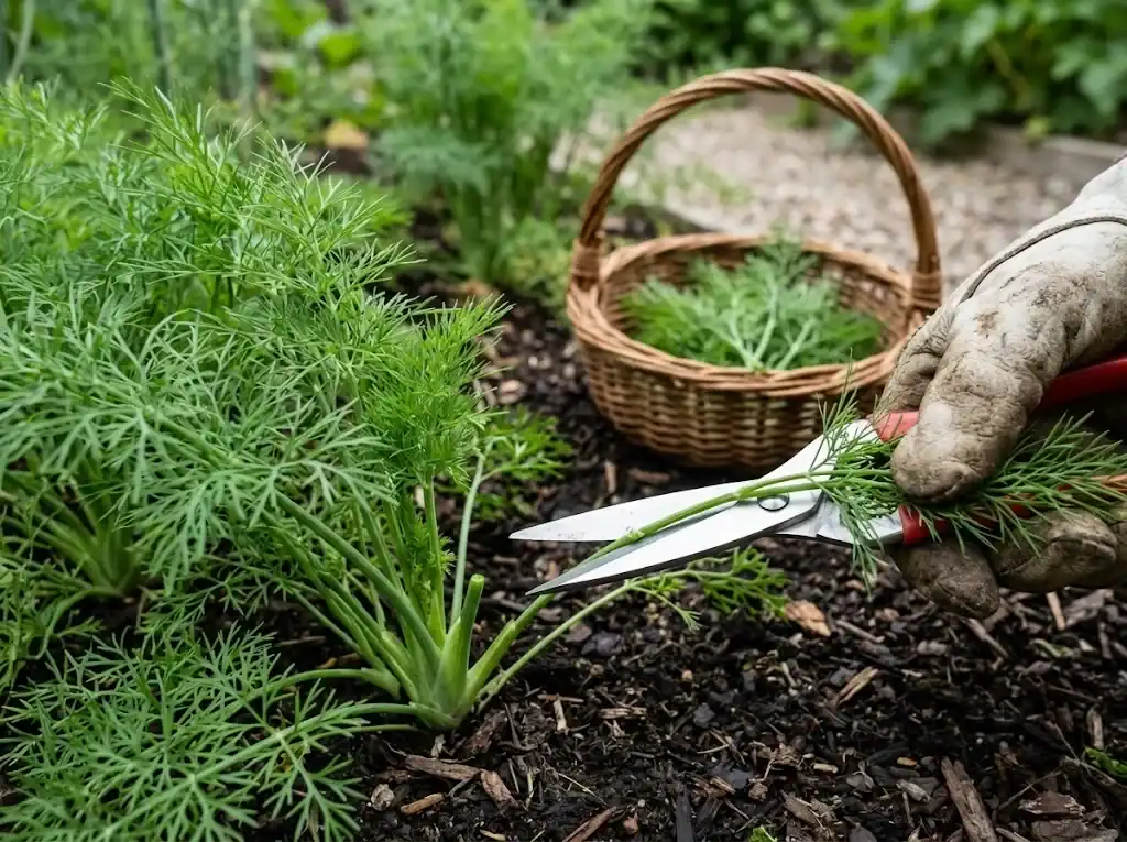 Harvesting fresh dill weed leaves cleanly with garden snips