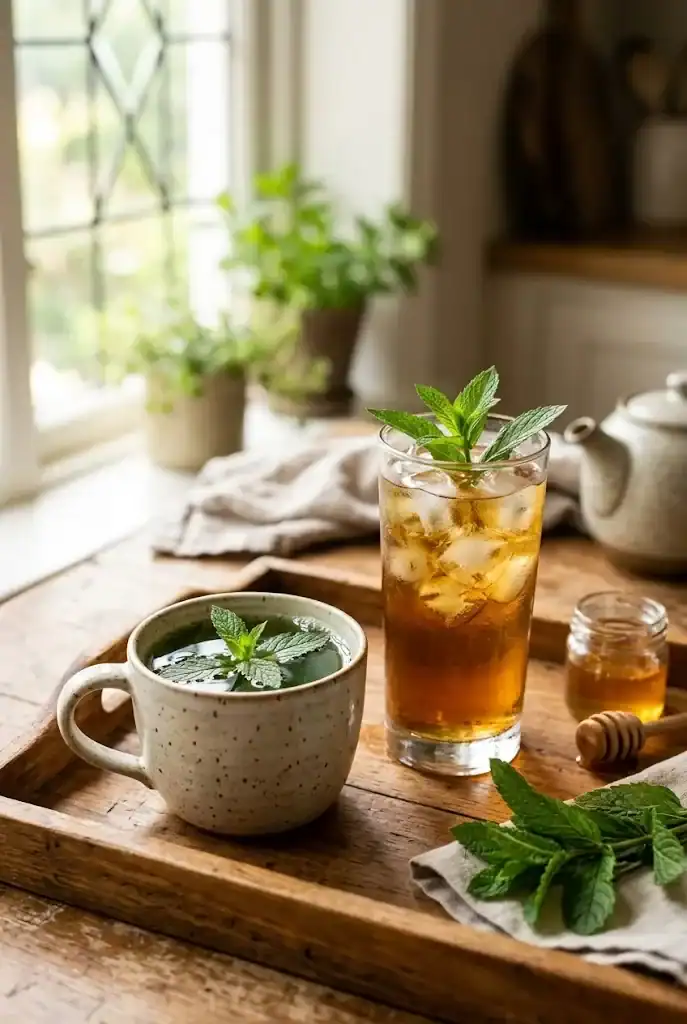 Side-by-side ceramic mug of fresh spearmint tea and tall glass of mint iced tea with ice and a mint sprig on a warm wooden tray