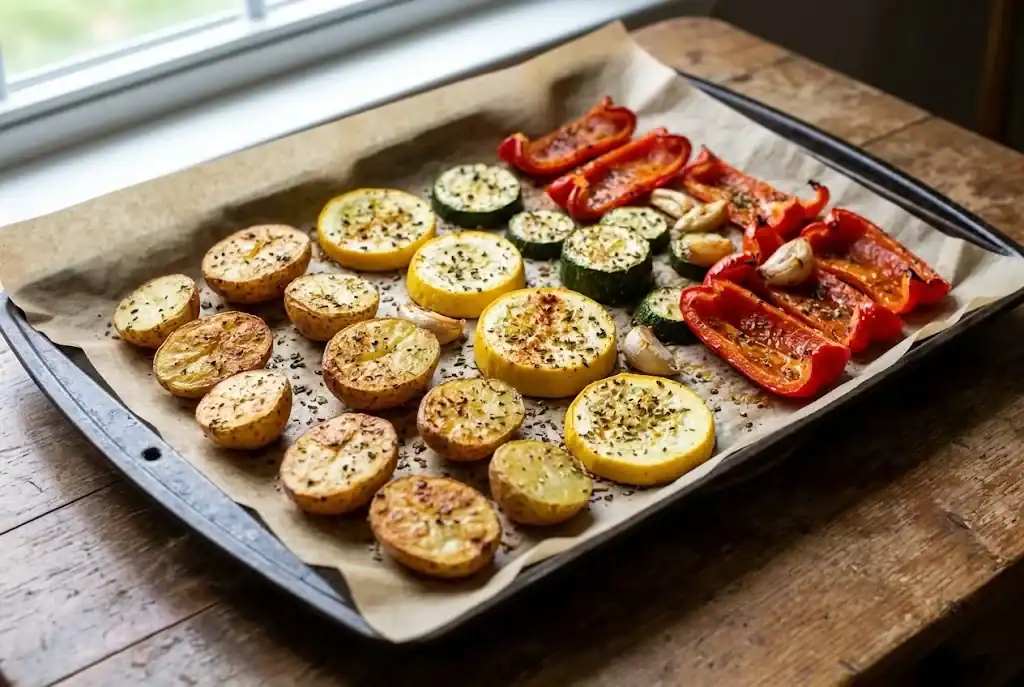 Oven-roasted potatoes, zucchini, and bell peppers seasoned with garlic, smoked paprika, and dried oregano