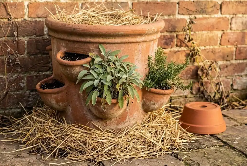 Strawberry pot tucked against a brick wall with straw mulch piled around the base for winter