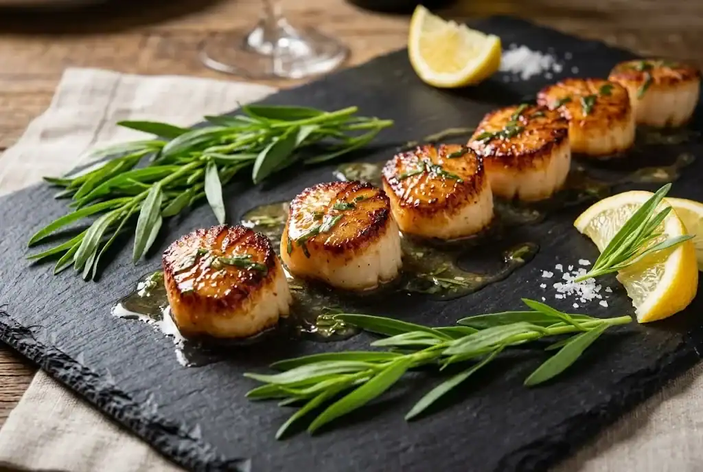 Caramelized pan-seared sea scallops drizzled with white wine and tarragon reduction on a slate platter