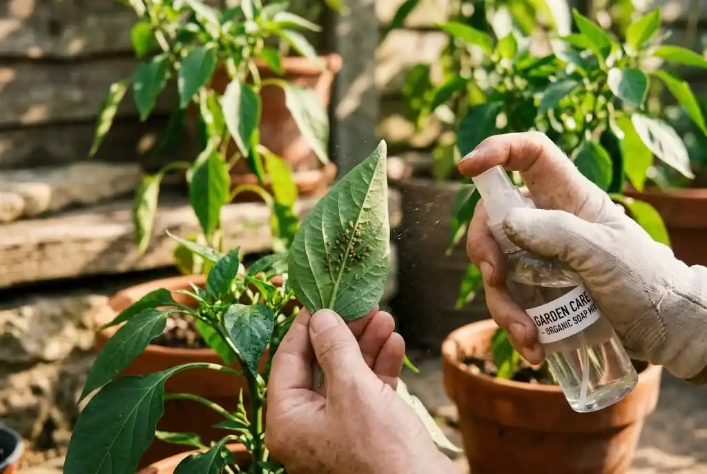 Hand misting the underside of a chili leaf to remove a small cluster of aphids