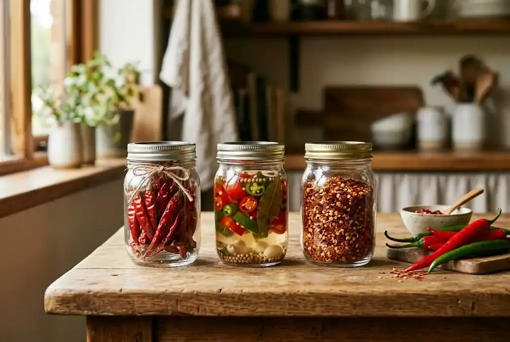 Jars of dried, pickled, and flaked chilies