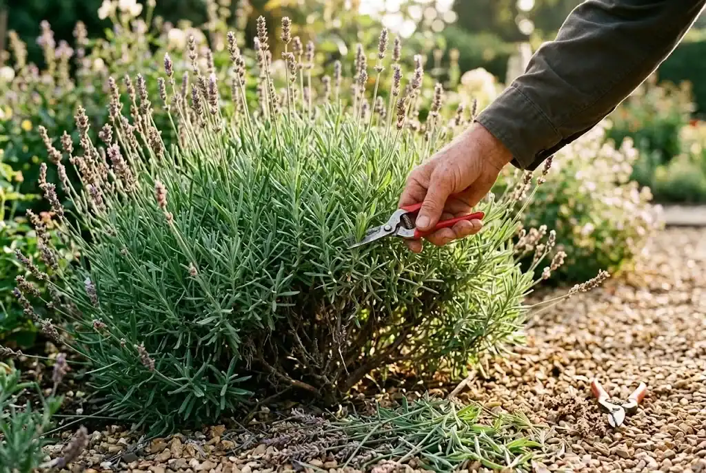 Gardener shaping English lavender into a tidy dome with sharp garden snips after bloom