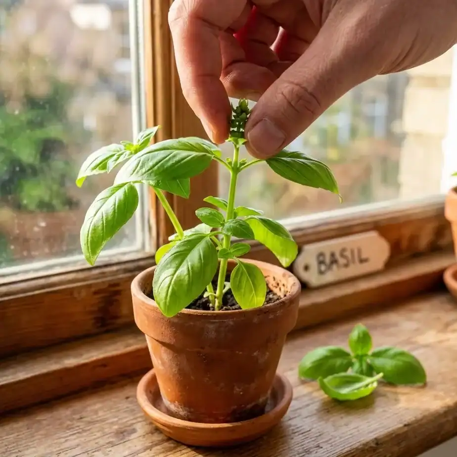 Fingers pinching the top of a basil plant to remove a developing flower stalk