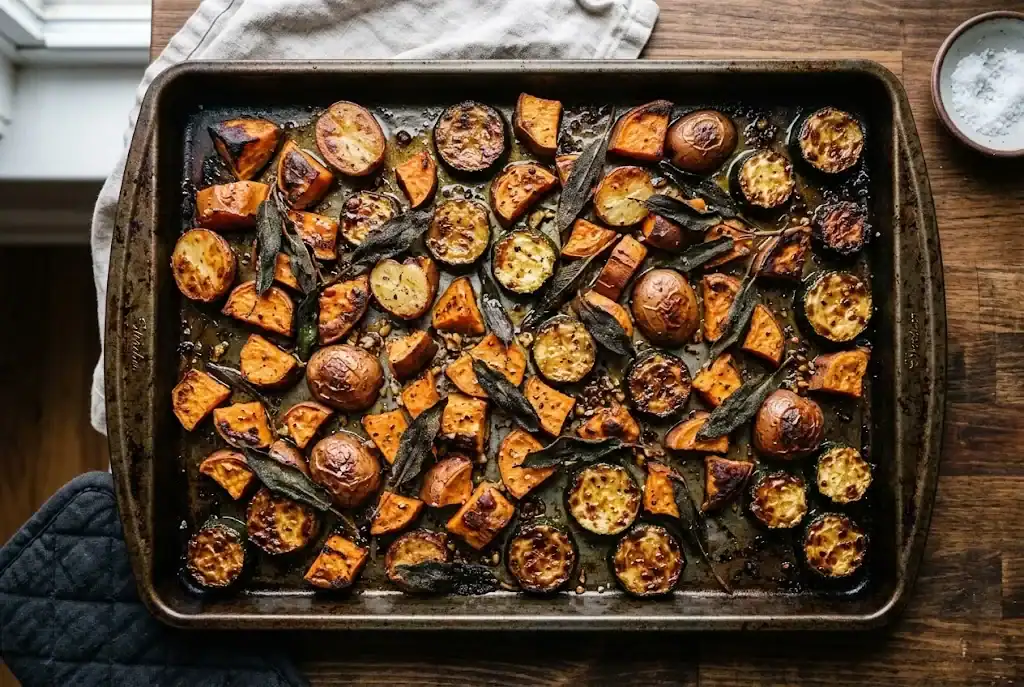 Sheet pan of roasted sweet potato and potato cubes seasoned with fresh garden sage