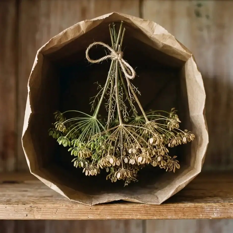 Mature dill seed heads tied and hanging upside down inside a brown paper bag to dry