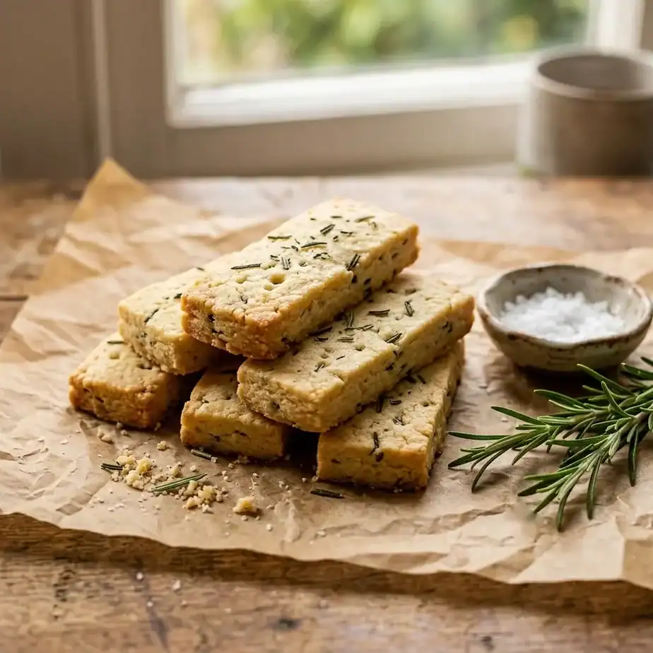 Stack of rosemary shortbread fingers flecked with green herb on parchment