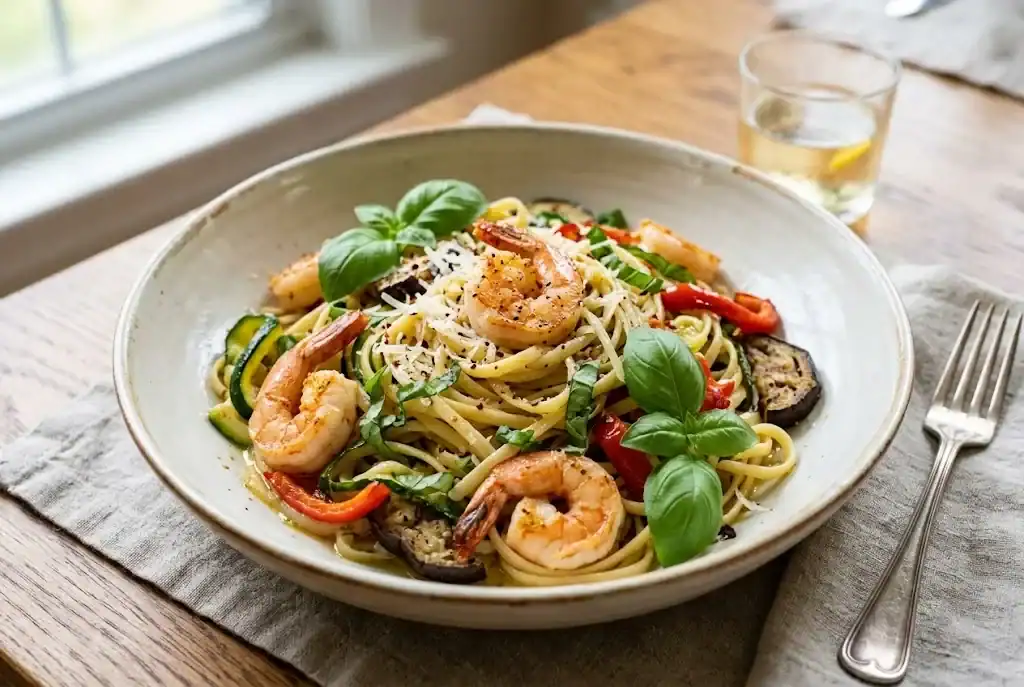 Summer pasta tossed with seared shrimp, zucchini ribbons, red bell pepper, and fresh chopped sweet basil ribbons