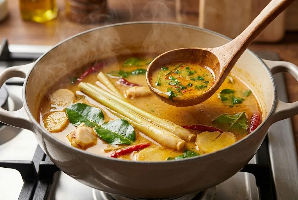 Simmering Thai coconut curry soup with bruised frozen lemongrass stalks, lime leaves, and chili