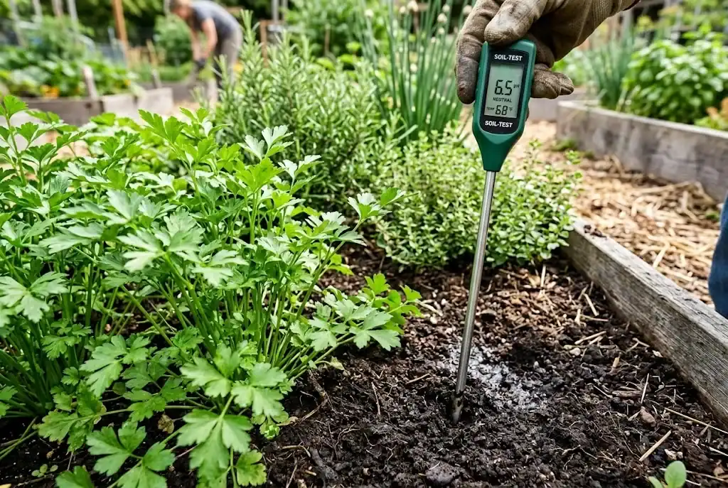 Digital soil pH meter inserted into moist garden soil displaying 6.5 pH next to fresh flat-leaf parsley