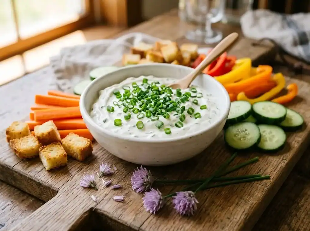 A bowl of creamy sour cream dip topped with chopped chives surrounded by raw vegetables and toasted bread cubes