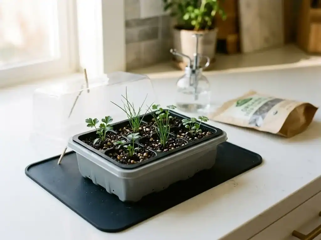 A shallow seed-starting tray with two-leaf seedlings of parsley, chives, and cilantro on a kitchen counter