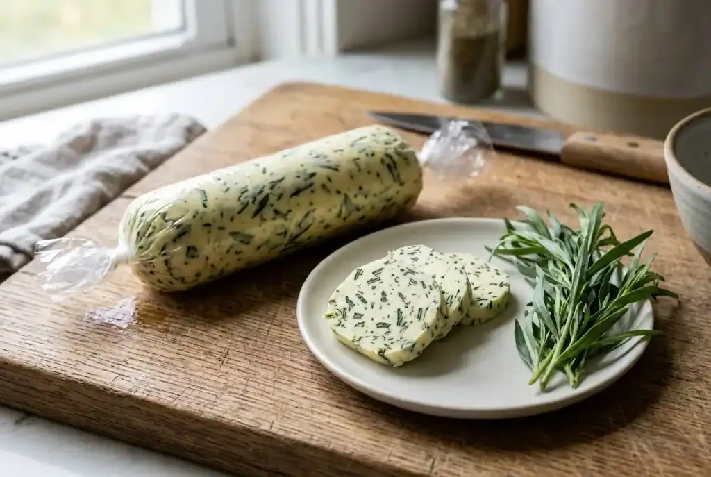 Tarragon compound butter rolled in plastic wrap on a cutting board, with sliced rounds showing chopped tarragon in pale yellow butter