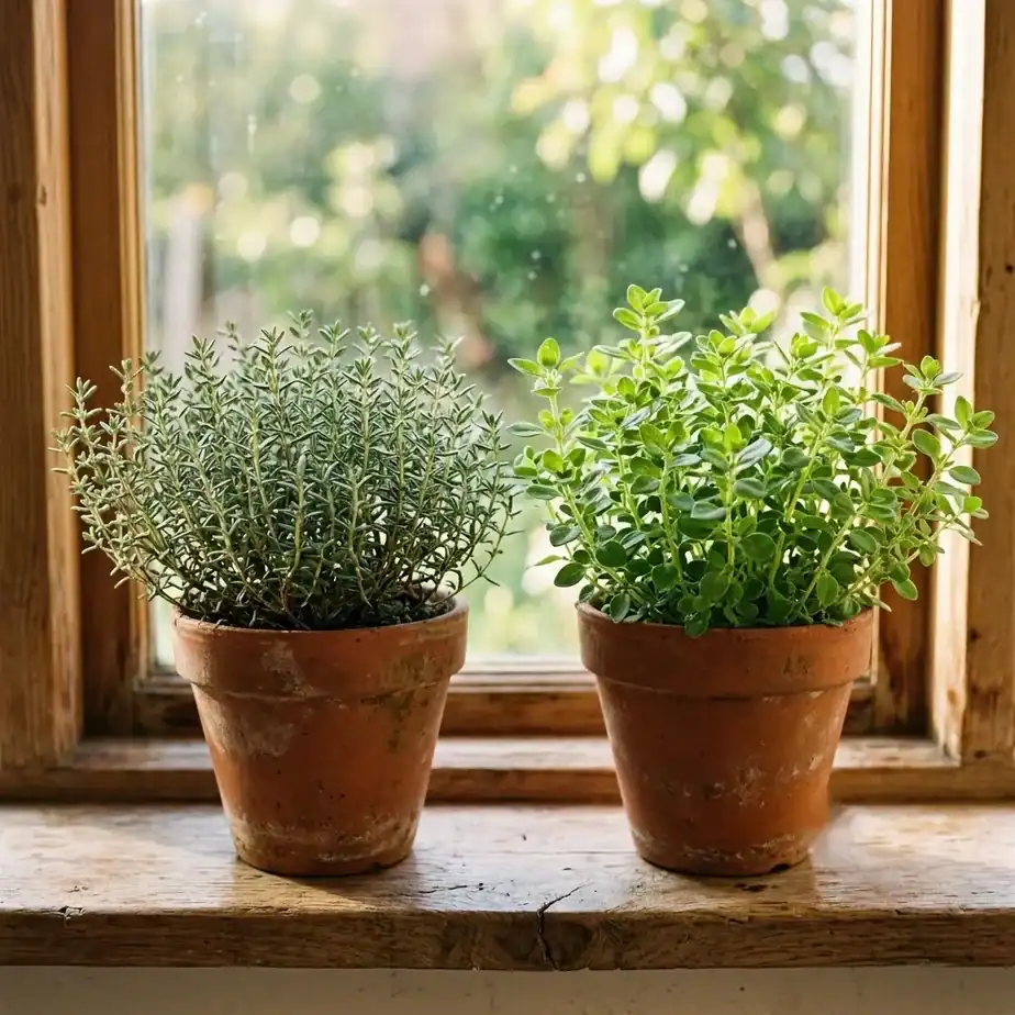 Two small potted thyme plants side by side on a windowsill, common thyme and lemon thyme