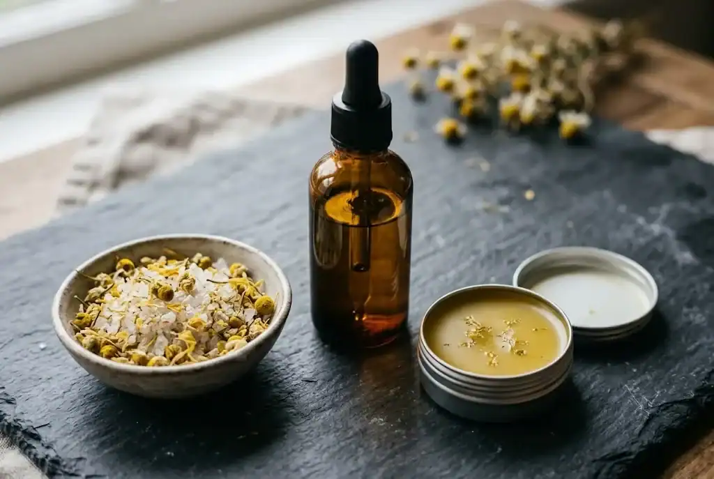 Amber glass dropper bottle of chamomile tincture alongside an open tin of golden herbal lip salve
