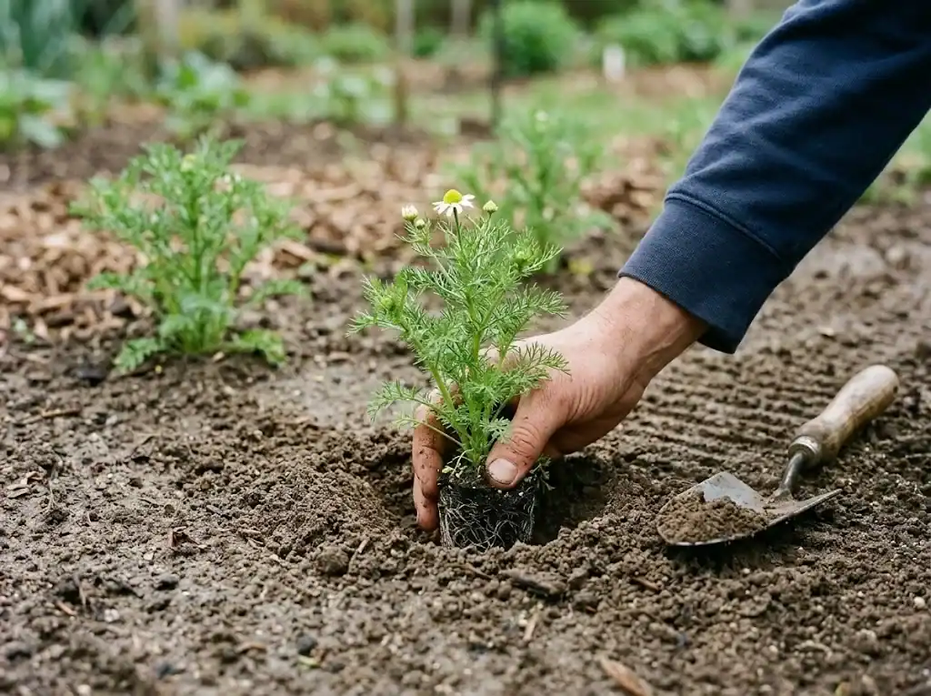 Young chamomile plant being set into a prepared garden bed